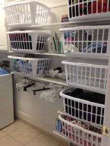My current dirty clothes sorting using specifically labeled baskets.